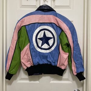 Vintage Gravity Colorblock Leather Bomber Jacket 80s Star Moto Women's Small S‎